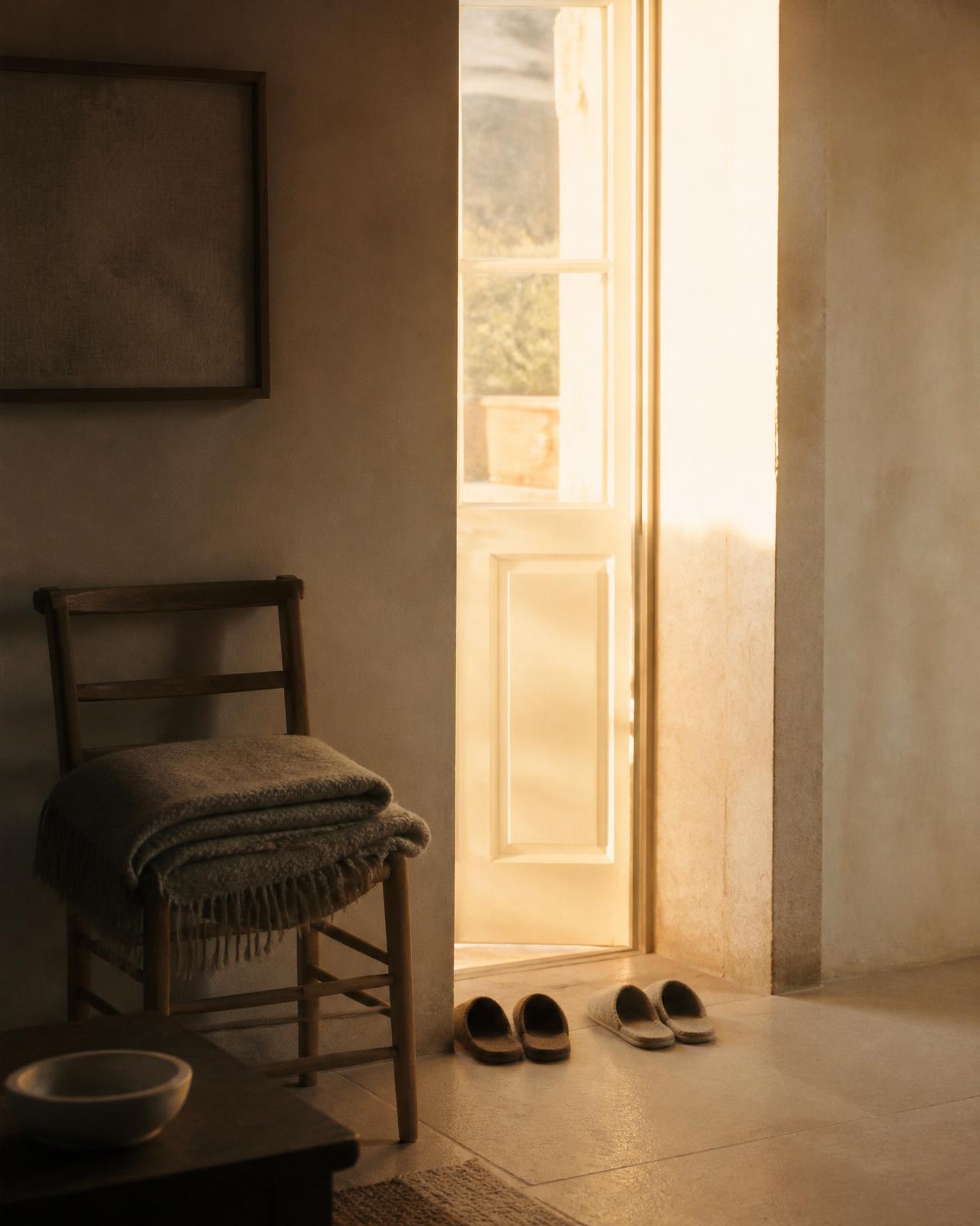 Morning light spilling through a doorway onto a wooden chair and folded throw
