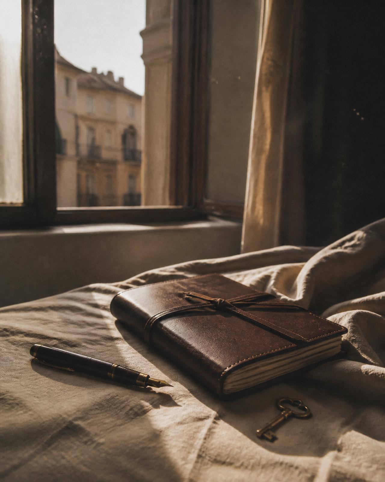 A leather journal and fountain pen on linen by a sunlit window