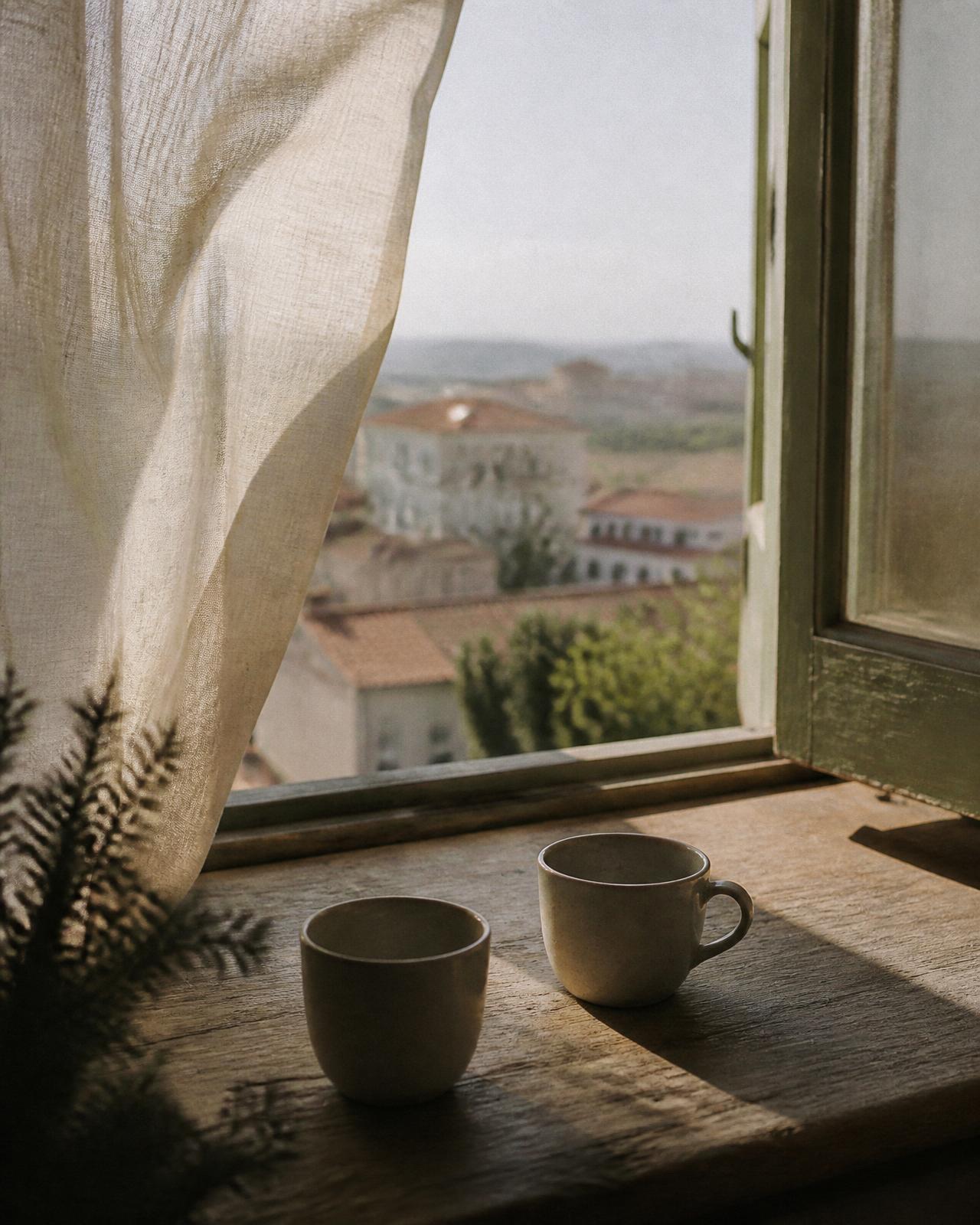 Two ceramic cups on a windowsill overlooking terracotta rooftops
