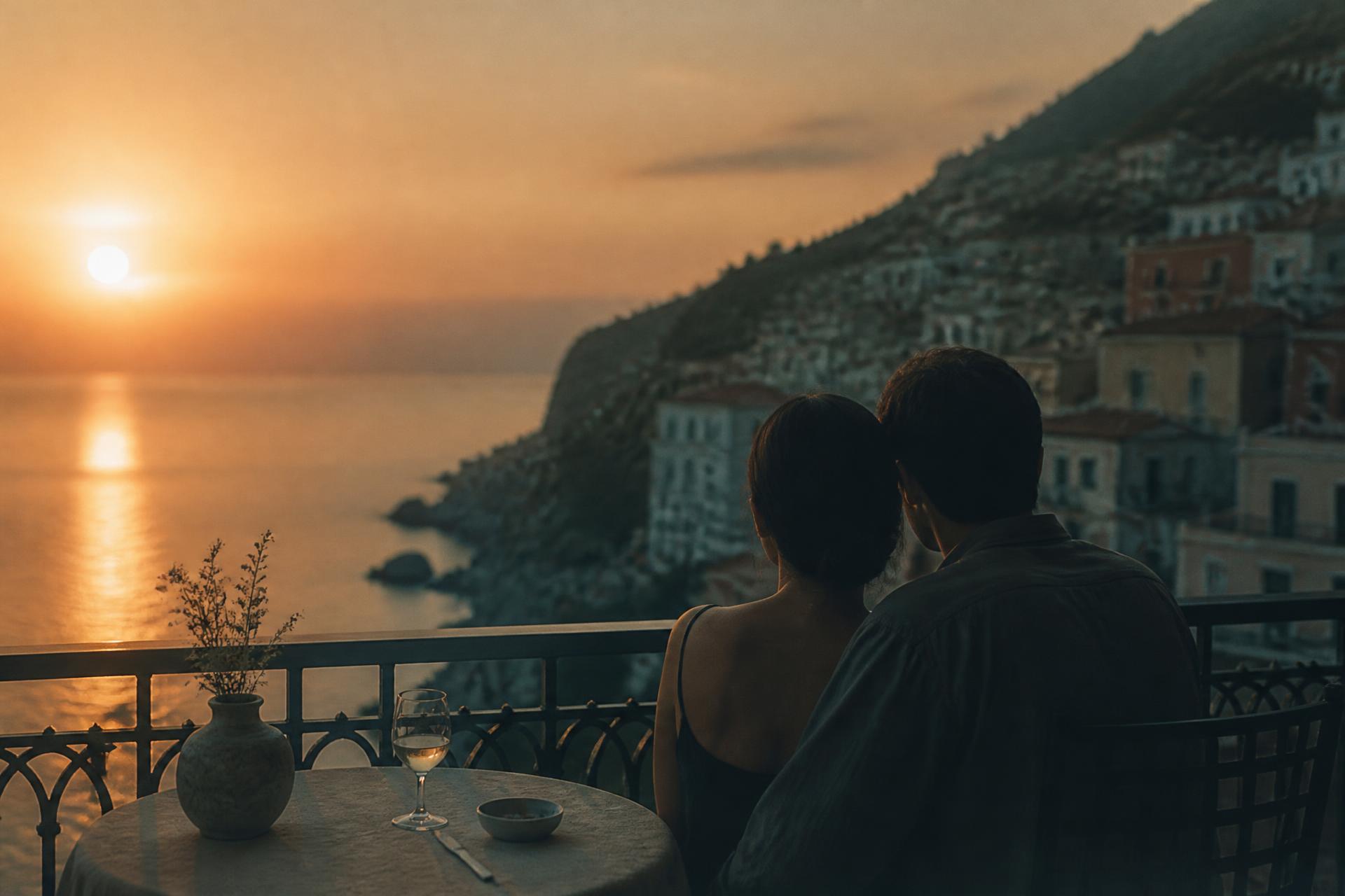 A couple sitting close on a balcony at dusk, overlooking the sea